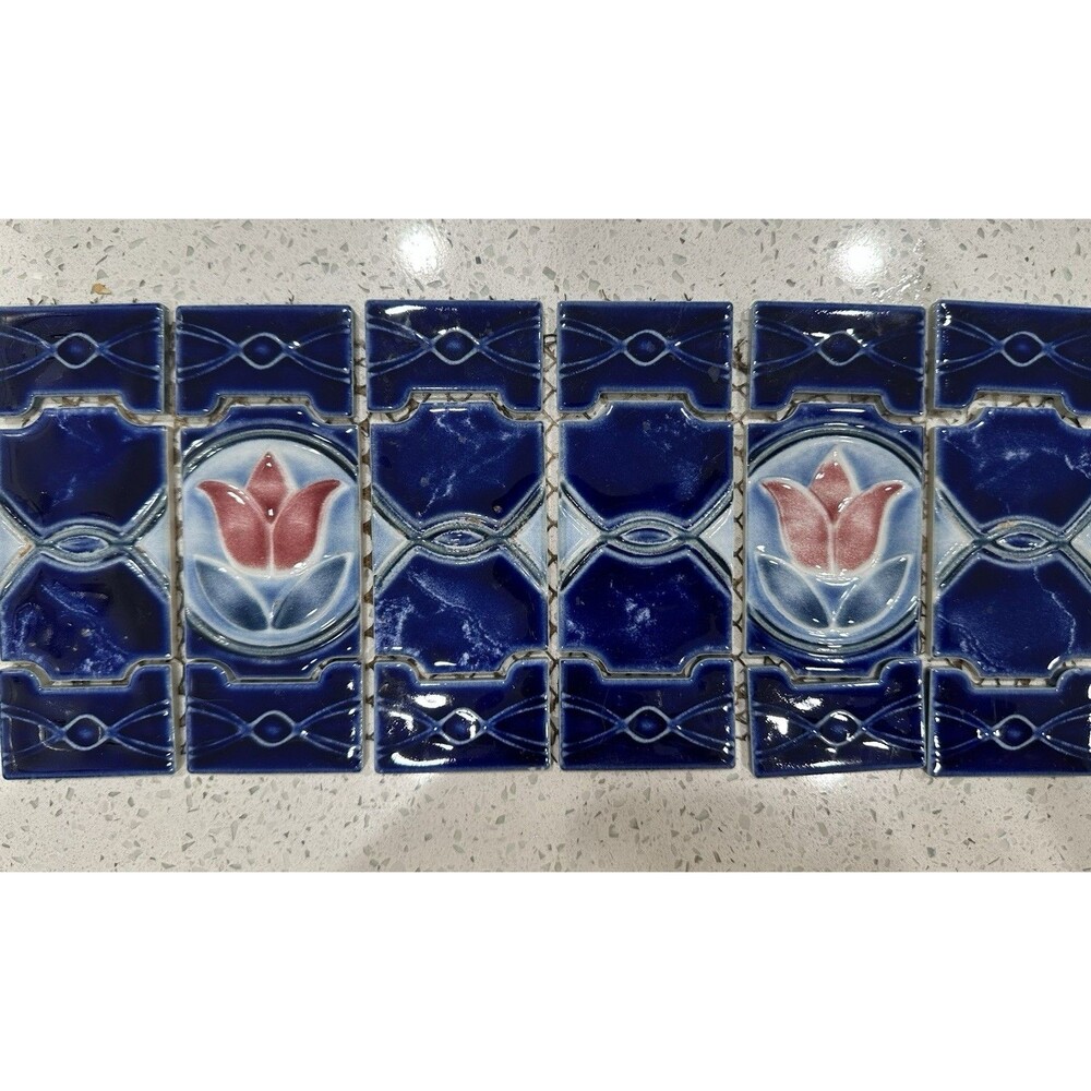 Retro Tulips Japan Cobalt Blue Splash / MAJOLICA Kitchen Bathroom Pool Tiles - Picture 3 of 9